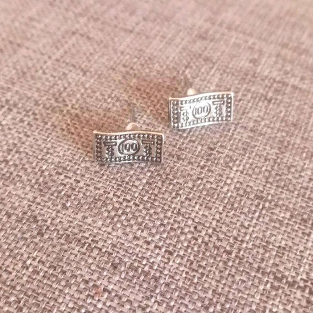 Dollar Bill Stud Earrings ONE HUNDRED BUCKAROOS Different Unique - Pre-loved